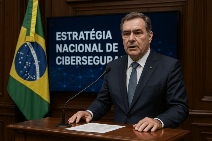 E-Ciber 2025 ilustra a defesa cibernética brasileira, com cadeados digitais, servidores e conectividade segura para infraestruturas críticas.