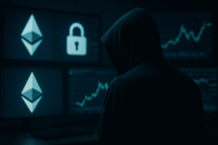 Hacker com capuz diante de símbolos de criptomoedas e códigos digitais, ilustrando ataque em protocolo DeFi.