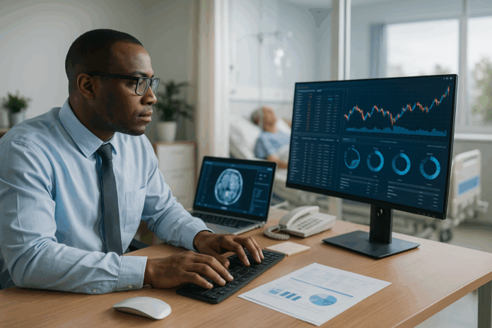 Profissional de saúde analisando dados e gráficos em monitores como parte do investimento em tecnologia hospitalar, com paciente em leito ao fundo.
