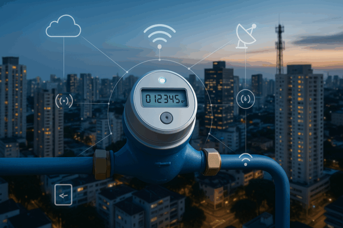 IoT aplicado à medição de água com hidrômetro inteligente em destaque, conectado por rede digital, tendo a cidade de São Paulo ao fundo.