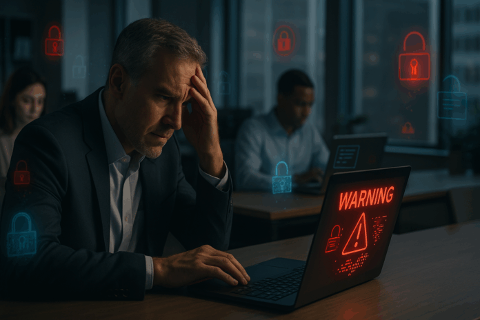 Shadow AI em ação: executivo preocupado observa alerta de segurança enquanto funcionários usam IA em dispositivos pessoais, indicando vazamento de dados corporativos.