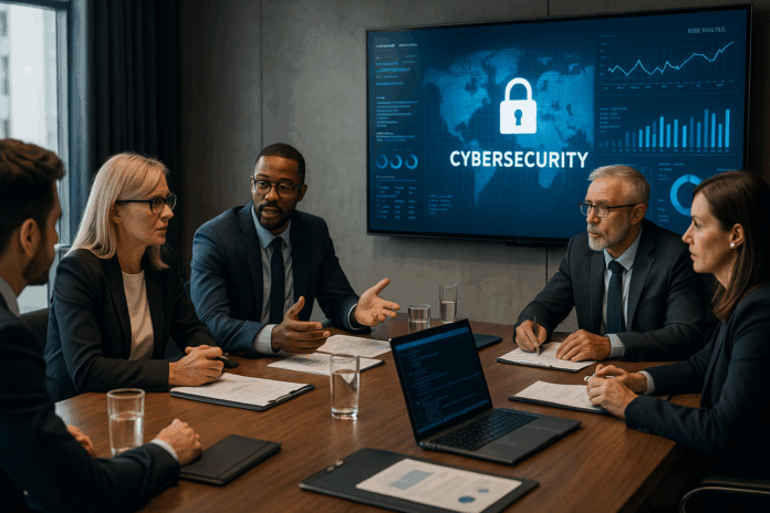 Imagem realista de um board discutindo estratégias de cibersegurança, com gráficos e dados exibidos em uma tela de computador.