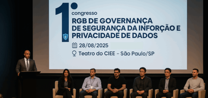 Palestrantes discutem segurança da informação e privacidade de dados no 1º Congresso RGB 2025 em São Paulo, diante de plateia de executivos de TI.