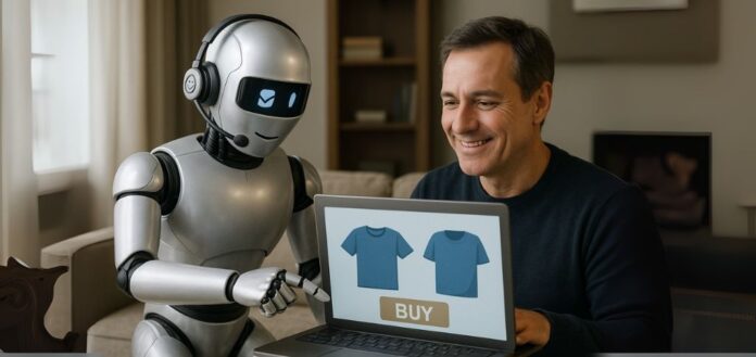 Agente IA: Robô com headset ajuda homem a escolher camiseta em loja virtual, representando inteligência artificial atuando como assistente de compras.
