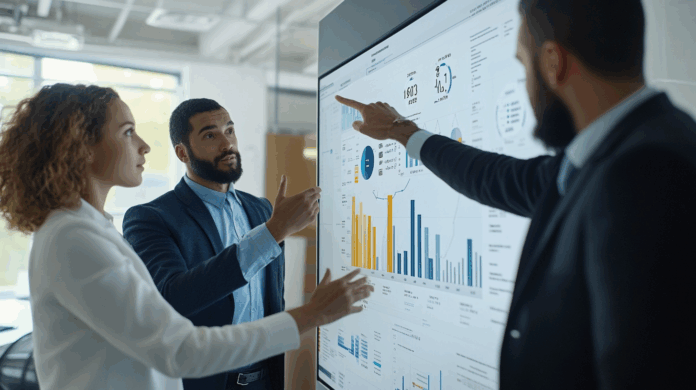Dados estratégicos sendo analisados por três profissionais em frente a um painel digital com gráficos, KPIs e fluxos de informações em um ambiente corporativo moderno