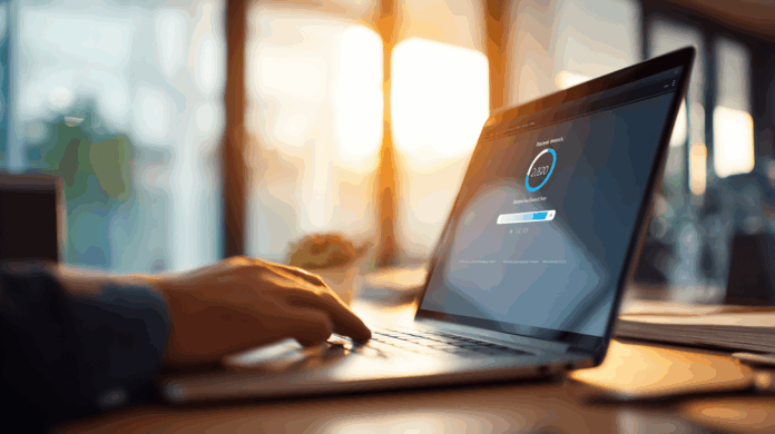 Usuário aplicando a atualização do Zoom em notebook para corrigir vulnerabilidade crítica de segurança digital