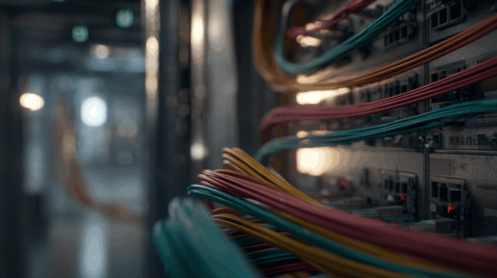 Fotografia realista de cabos de fibra óptica e conectores técnicos dispostos em um ambiente industrial, representando soluções de conectividade da CommScope.