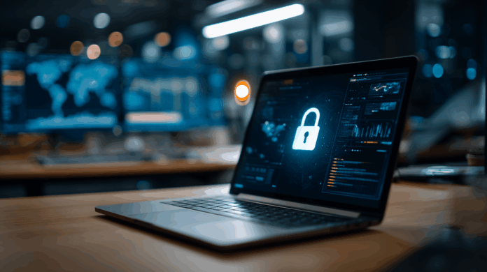 Ambiente de trabalho moderno no TRE-BA com laptop mostrando cadeado digital e gráficos de cibersegurança, representando vigilância e proteção de dados.
