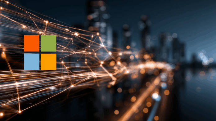Fluxo digital representando projetos de IA com Microsoft Solutions Framework em ambiente corporativo moderno
