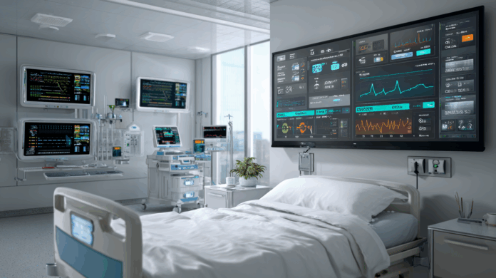 Equipamentos conectados monitorando pacientes em hospital com tecnologia IoT.