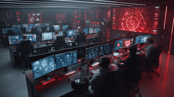Imagem realista representando um Centro de Operações de Segurança (SOC) com profissionais monitorando sistemas de inteligência artificial, simbolizando os serviços de segurança de IA da CrowdStrike.