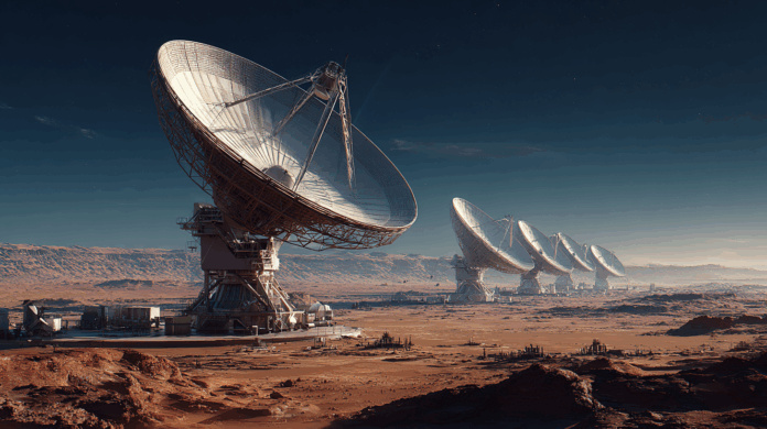 Infraestrutura de comunicação interplanetária da NASA, com antenas e equipamentos espaciais simulando a transmissão de dados entre Marte e a Terra.
