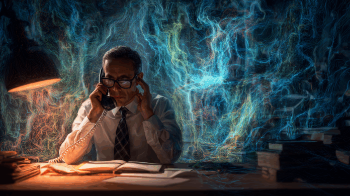 Pessoa em escritório falando ao telefone enquanto efeitos digitais abstratos surgem ao redor, simbolizando ameaça de phishing por voz.