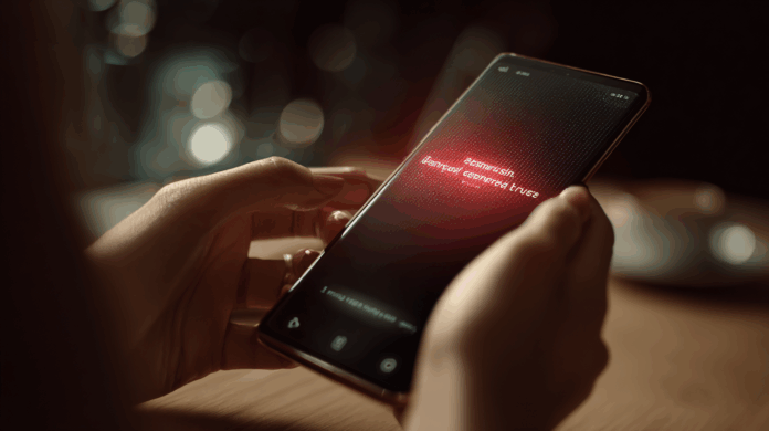 smartphone Samsung exibindo alerta de phishing por voz na tela durante uma ligação suspeita, interface moderna em destaque