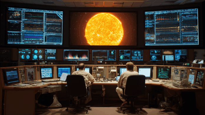 Centro de controle da NASA com cientistas analisando dados solares em telas e sistemas de inteligência artificial usados para prever tempestades solares.
