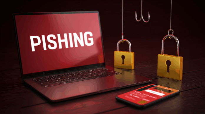 Imagem realista de ataques de phishing com um laptop e um smartphone exibindo telas de login falsas, cadeados amarelos presos por ganchos de pesca e um cartão bancário, destacando as ameaças à segurança online e os perigos do phishing.