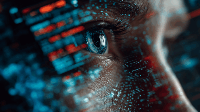 Interface futurista de inteligência artificial (ChatGPT-5) com elementos de programação e gráficos digitais em ambiente tecnológico realista