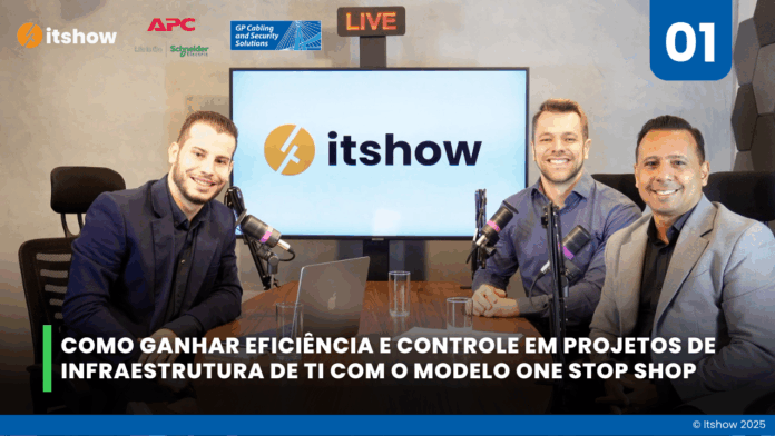 Pedro Martins, Sandro Souza e Guilherme Guedes durante o primeiro episódio do podcast Infra Talks sobre One Stop Shop infraestrutura de TI.
