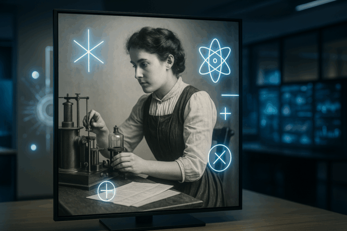 Retrato em preto e branco de inventora histórica exibido em display moderno, com hologramas tecnológicos ao redor, simbolizando esquecidas pela história e lembradas pelo futuro.
