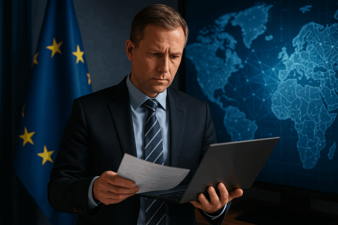 Profissional de TI analisando documentos diante de bandeira da União Europeia e mapa digital, simbolizando DORA e Resiliência Digital e o que a Governança de TI pode aprender com a Europa.