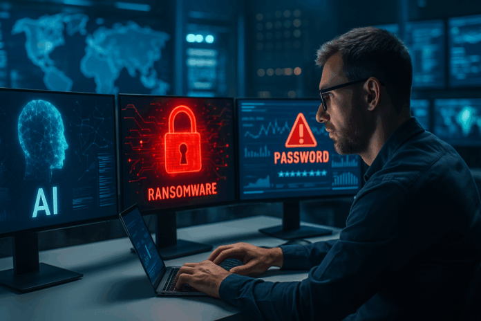 Especialista em centro de operações de segurança cibernética analisando telas com IA, alerta de ransomware e senhas vulneráveis, simbolizando Cibersegurança 2025.