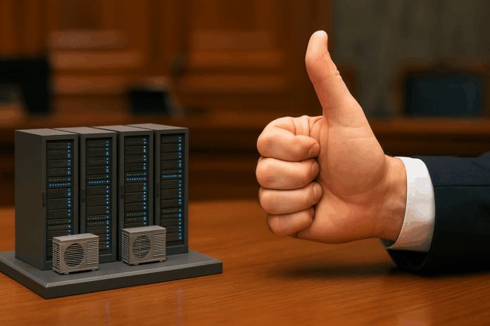 Redata plano governamental representado por maquete de data center com gesto de aprovação legislativa em ambiente institucional