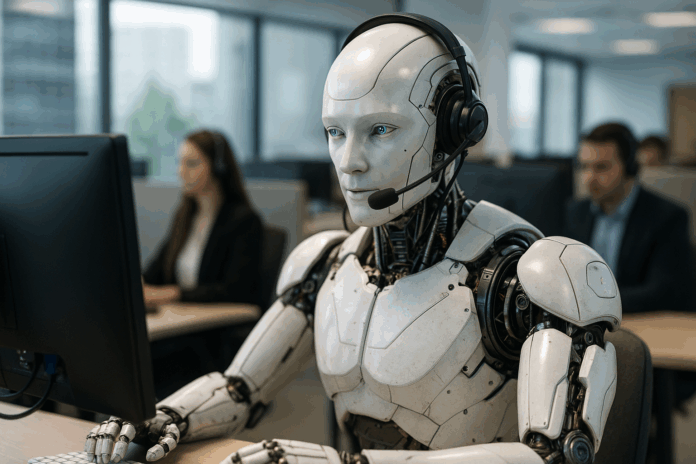 Voz com IA representada por robô em call center, usando headset para atendimento inteligente e humanizado ao cliente.