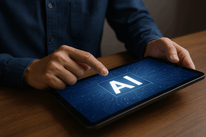 Pessoa utilizando um tablet com interface de inteligência artificial, representando o crescente uso de IA no Brasil.