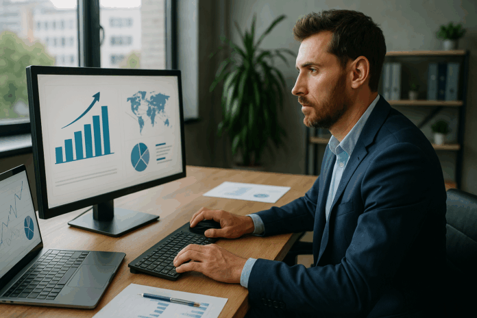 O ChatGPT disse: Homem profissional analisando gráficos e dados em monitores de computador, representando tendências e estratégias para preparar os ISPs em um ambiente de escritório moderno.