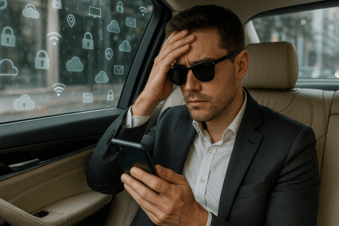 Executivo preocupado usando celular dentro de carro de luxo com ícones digitais flutuando na janela, simbolizando que privacidade virou luxo no mundo hiperconectado.