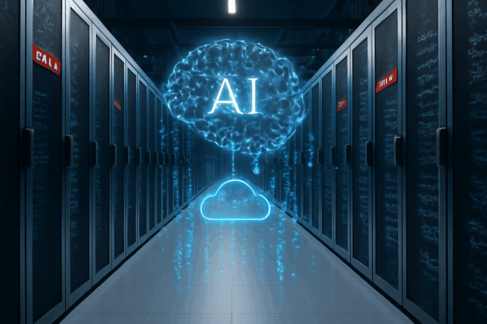 Data center da Oracle com servidores em grande escala e representação de IA, destacando o uso de OpenAI em nuvem.