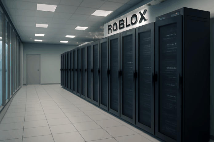 Data center da Roblox no Brasil, com racks de servidores pretos alinhados sob o logotipo 