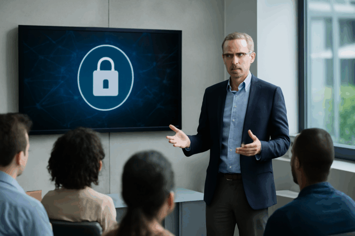 Resiliência cibernética é discutida por um homem de meia-idade, com óculos e terno, durante uma apresentação em um ambiente corporativo moderno, com um telão ao fundo exibindo um cadeado.