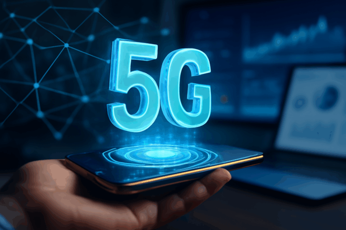 Holograma 3D do símbolo do 5G flutuando acima de um smartphone, com linhas digitais interconectadas ao fundo, representando o impacto do 5G na transformação digital.