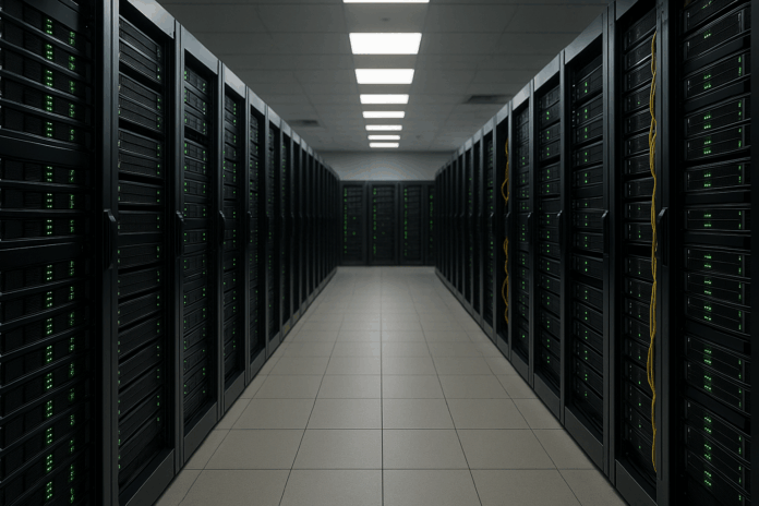 Interior de um data center no Reino Unido com corredores de servidores iluminados, representando o investimento da Nvidia e OpenAI.