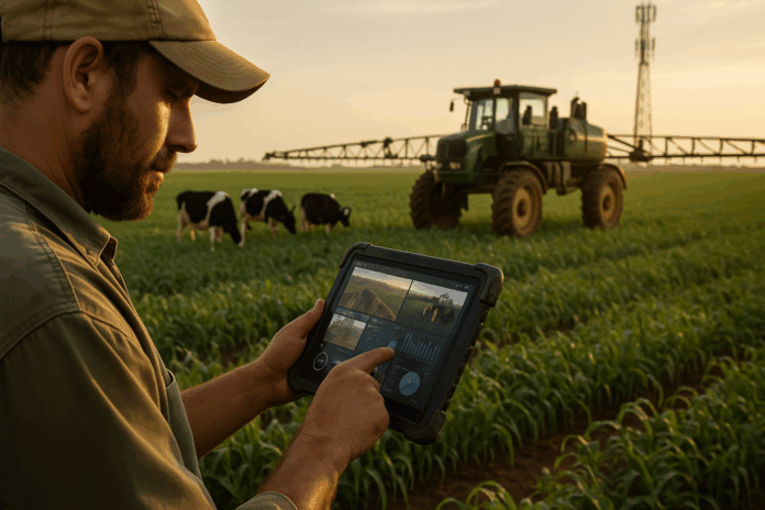 Conectividade no campo com edge computing e IoT, mostrando agricultor usando tablet em plantação com vacas, trator e torre de telecomunicações ao fundo.