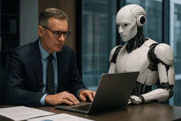 Versionamento de agentes de IA sendo discutido entre um executivo de TI e um robô humanoide diante de um laptop em um escritório moderno.