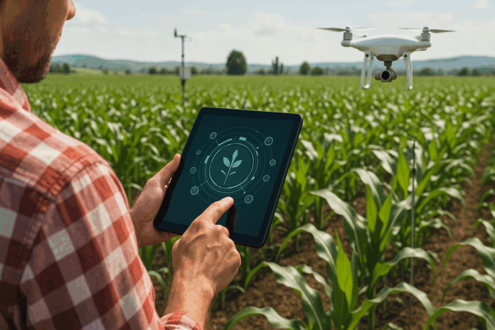 Um agricultor em um campo de milho utiliza um tablet com interface digital enquanto um drone sobrevoa a plantação, representando o uso de tecnologia na agricultura.
