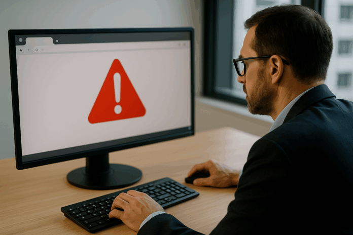 TJ-PR enfrenta instabilidade enquanto profissional de TI monitora alerta de erro em tela de computador