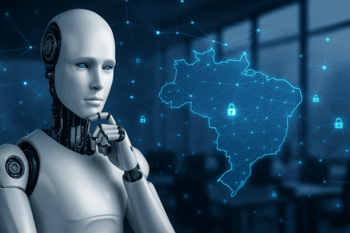 USP apresenta conceito visual de IA segura com robô ao lado de mapa do Brasil cercado por ícones de segurança digital.