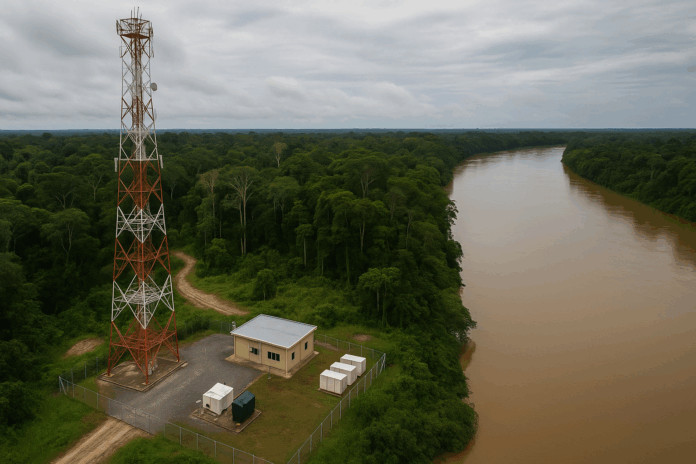 RNP com torre de telecom e estação cercada na floresta amazônica ao lado de um grande rio.