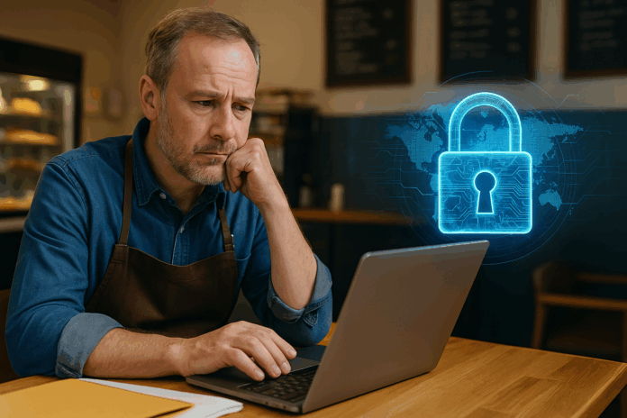 Empresário de pequena empresa usando laptop em seu estabelecimento com holograma de cadeado digital ao lado, simbolizando que cibersegurança para PMEs é essencial e que pensar “sou pequeno demais para ser um alvo” pode sair caro.