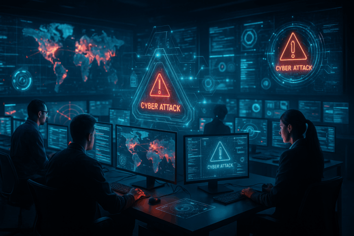 Centro de operações de segurança cibernética avançado com monitores e interfaces holográficas. Cibersegurança
