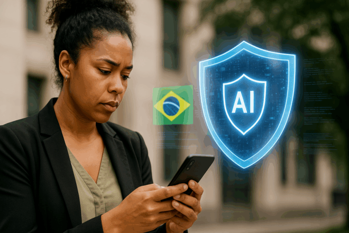 Jovem profissional afro-brasileira usando smartphone diante de um holograma com escudo de Inteligência artificial e bandeira do Brasil, simbolizando a privacidade na era da Inteligência Artificial no Brasil e seus riscos, regulamentações e desafios.