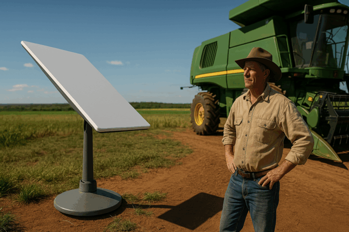 Satellite-to-cell com antena Starlink em fazenda brasileira ao lado de trator agrícola e agricultor observando o campo.