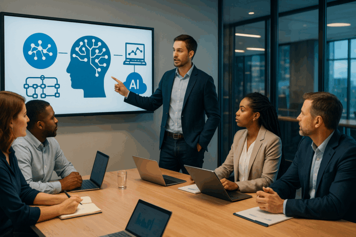 IA sendo explicada por um gestor em uma sala de reuniões moderna para uma equipe de executivos atentos com laptops e anotações.