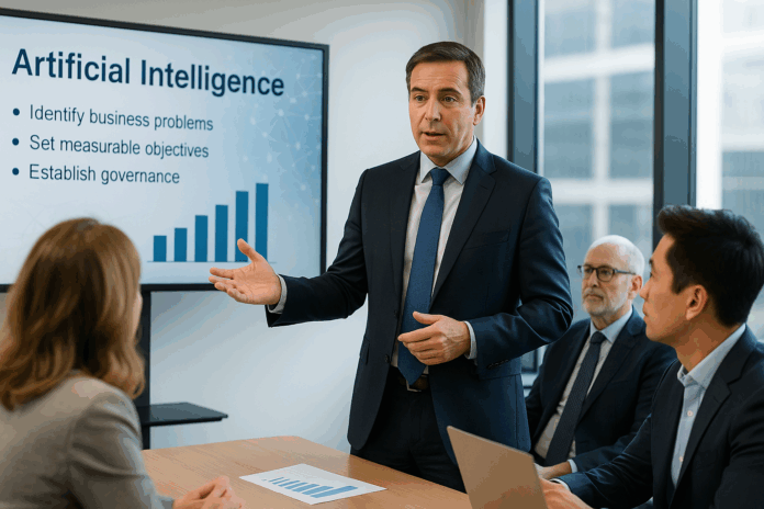 Líderes de TI explicando um projeto de adoção de IA para executivos em uma sala de reuniões moderna com gráficos e apresentações.