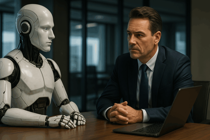 IA agêntica representada por um robô humanoide interagindo com um executivo de TI em uma sala de reuniões, simbolizando colaboração homem-máquina.