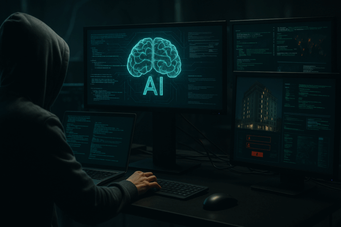 Hacker com capuz em frente a múltiplos monitores mostrando códigos, IA e a fachada de um hotel, simbolizando ataques cibernéticos com inteligência artificial.