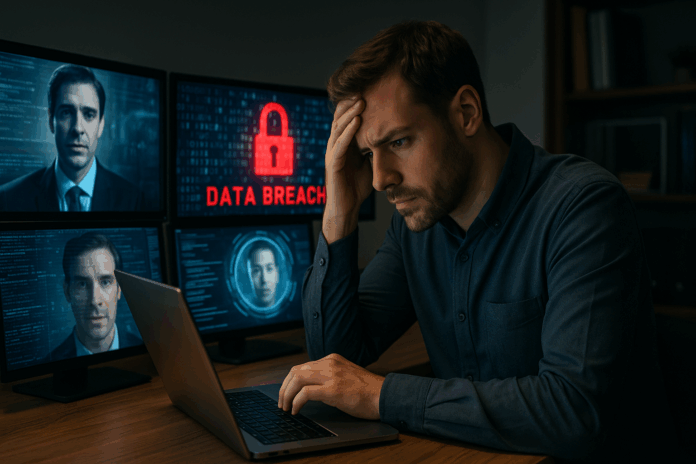 Homem preocupado diante de múltiplos monitores exibindo deepfakes, alerta de vazamento de dados e biometria, simbolizando a nova era dos golpes digitais e a urgência da conscientização.